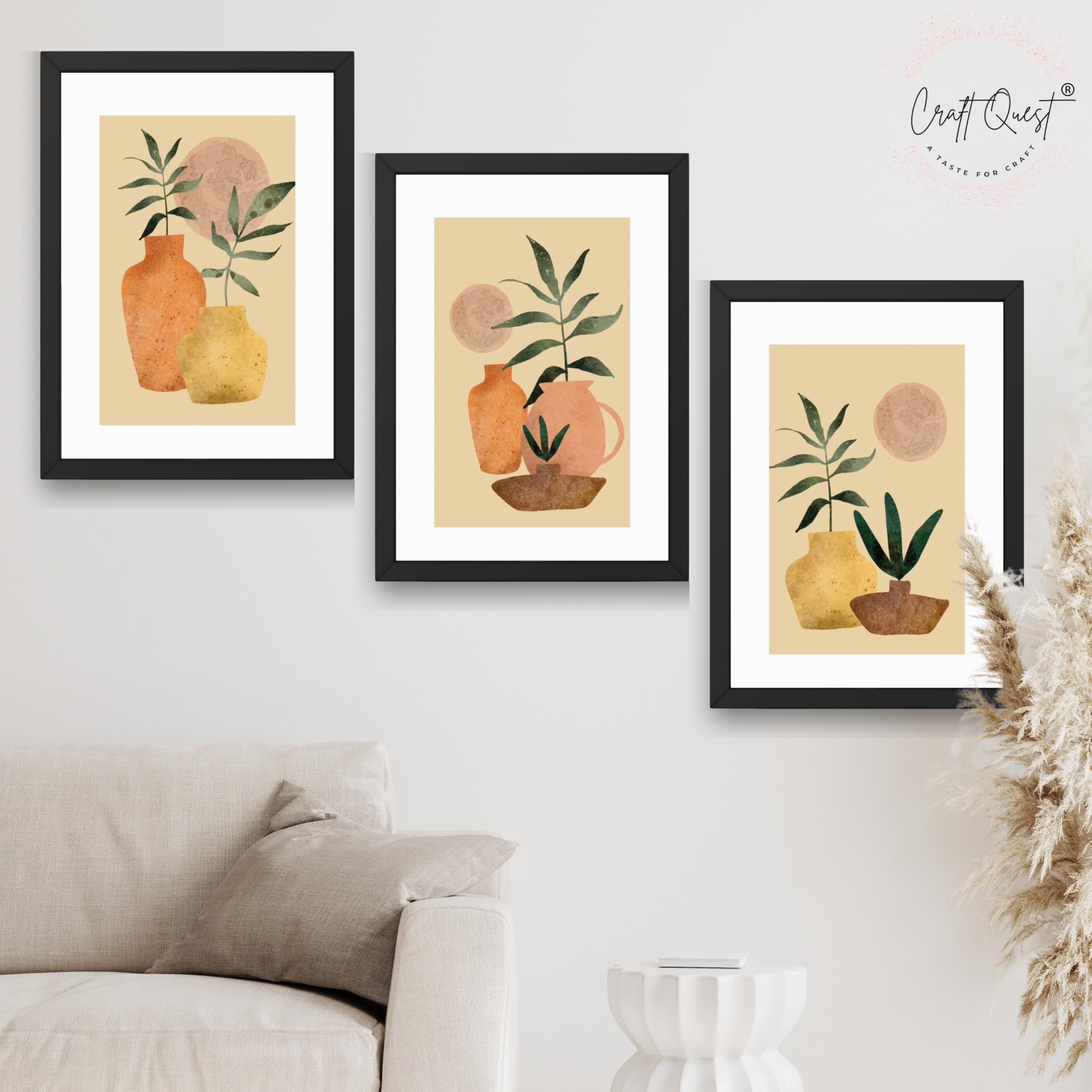 CRAFT QUEST Wall Art Decor Paintings | Set of 3 BOHO Wall Art Frames for Home Decoration | Ideal for Living Room, Bedroom & Office