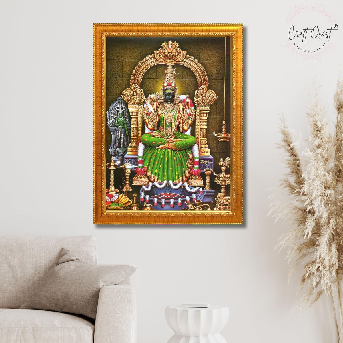 CRAFT QUEST Kanchi Kamakshi Kamachi Amman Kanji Kamatchi Wall Painting Photo Framed | South God Picture Frame for Home, Office, Temple & Gifting
