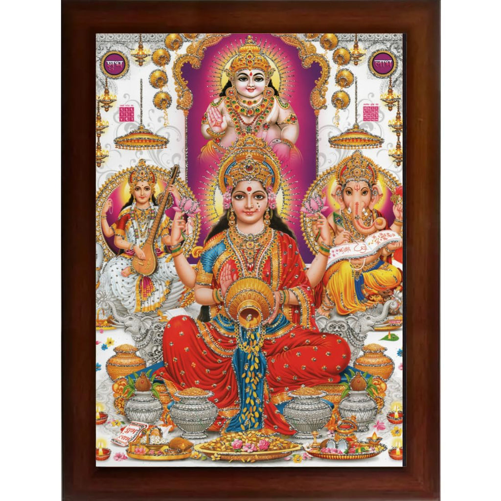 Craft Quest Kuber dev Lakshmi mata with Ganesh ji and Saraswati maa Wall Painting Frame Home Decor (Synthetic, Matte Finish, Brown, Large Size, 14 X 10 Inch)