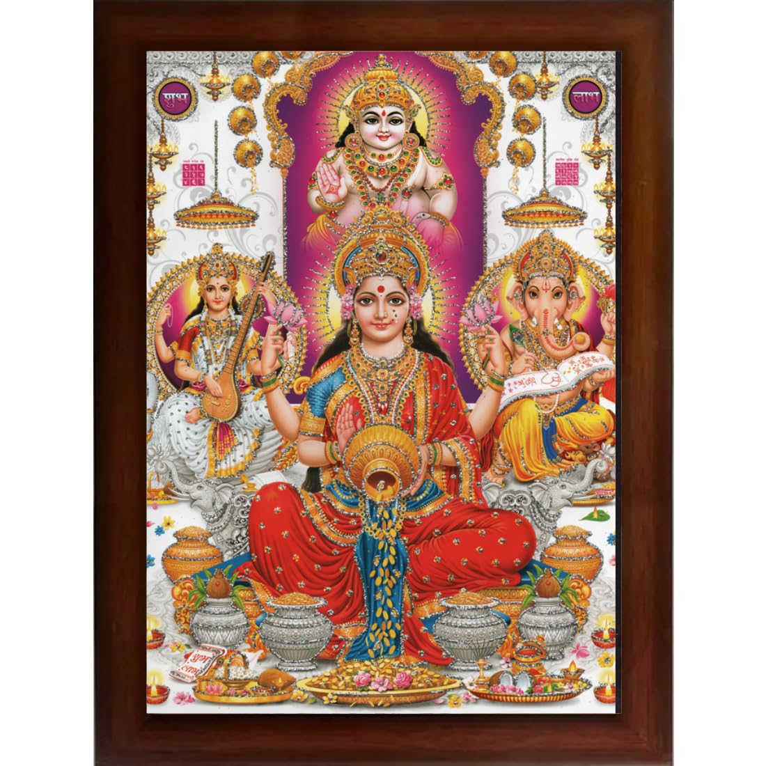 Craft Quest Kuber dev Lakshmi mata with Ganesh ji and Saraswati maa Wall Painting Frame Home Decor (Synthetic, Matte Finish, Brown, Large Size, 14 X 10 Inch)