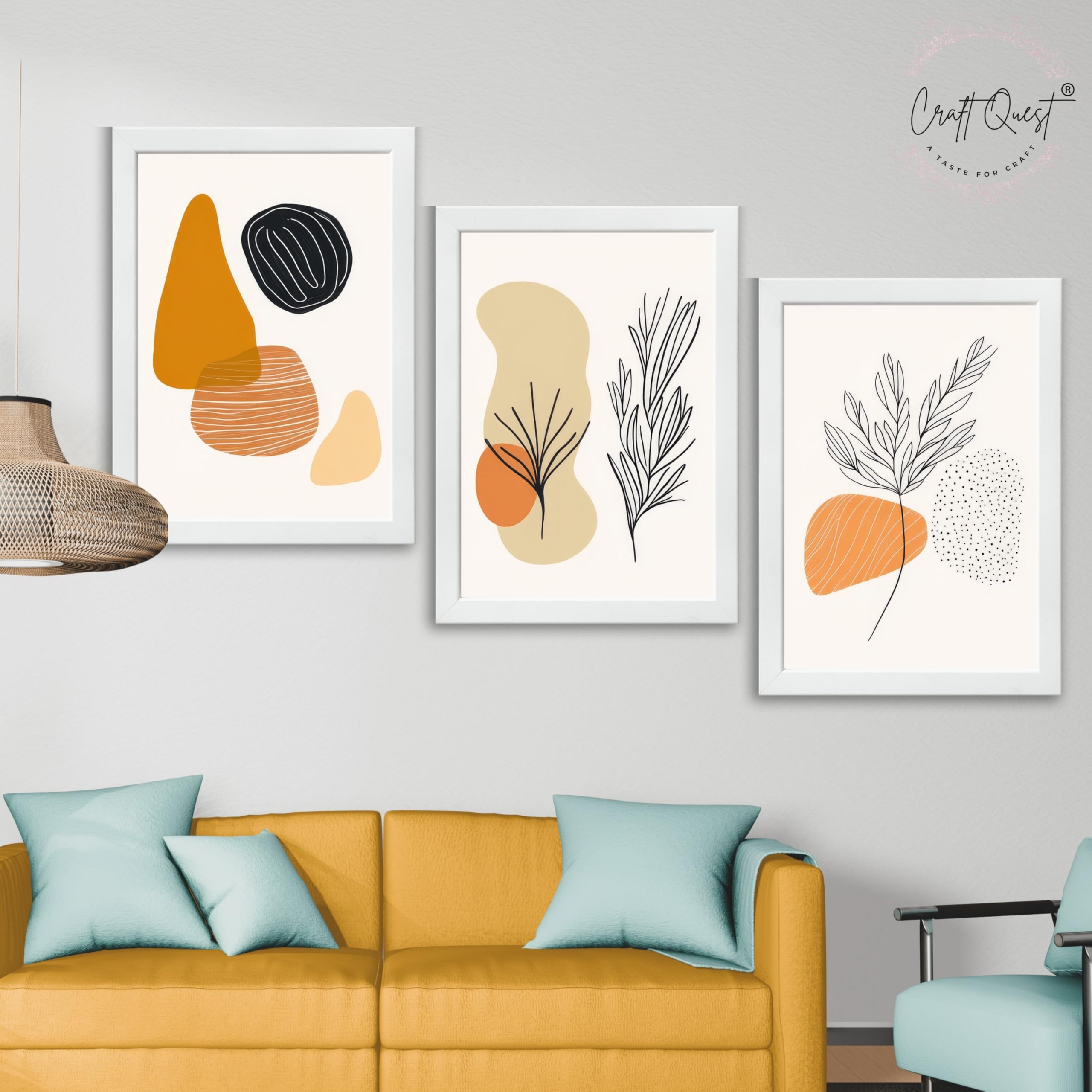 CRAFT QUEST Organic Abstract Line Art Modern Art | Set of 3 Frames for Home Decoration | Ideal for Living Room, Bedroom & Offices