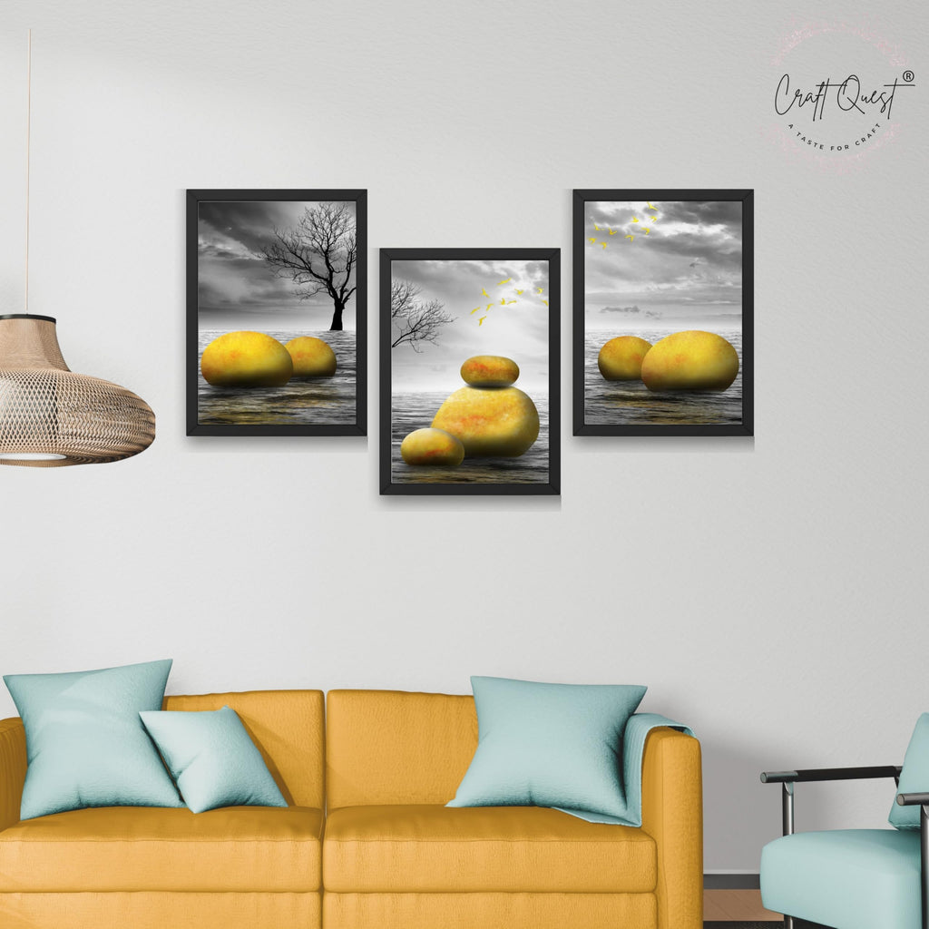 CRAFT QUEST Modern Abstract Golden Stone Art | Set of 3 Frames for Home Decoration | Ideal for Living Room, Bedroom & Offices