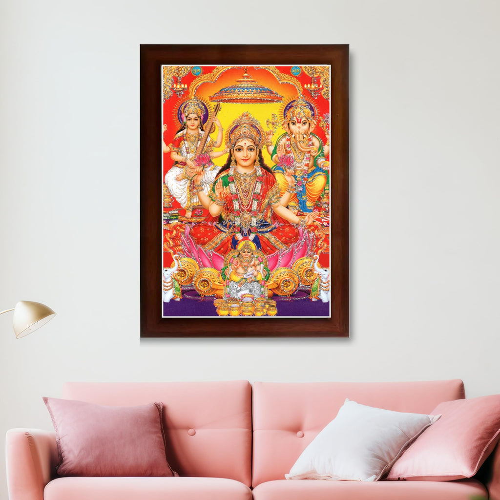 CRAFT QUEST Goddess Laxmi Ganesh Saraswati Religious God Hindu Photo Frame for Diwali,Temple, Pooja, Living Room Home and Decor Item