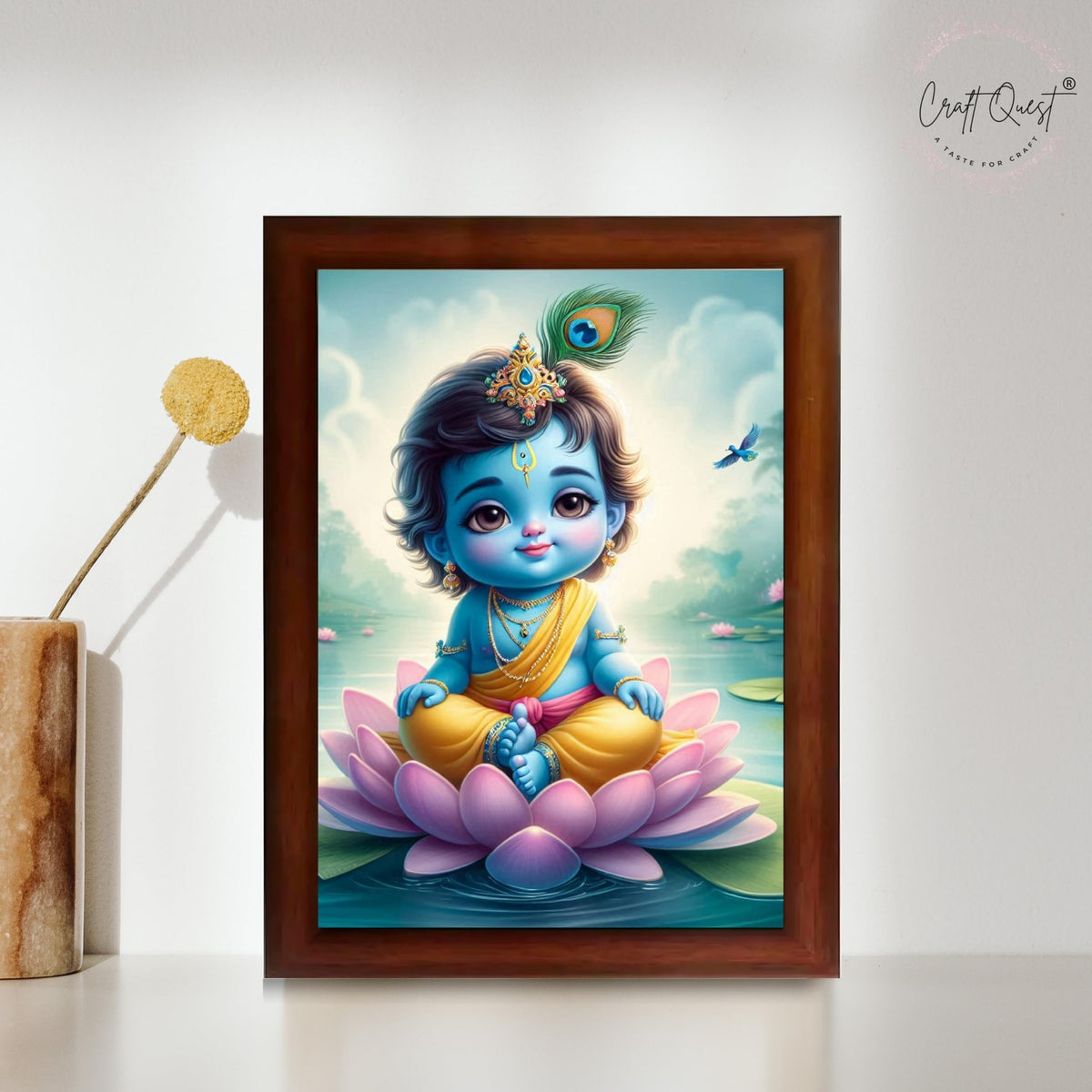 CRAFT QUEST Cute Baby Krishna HD Print | Little Krishna Frame for Home Temple, Office Desk, Décor Item