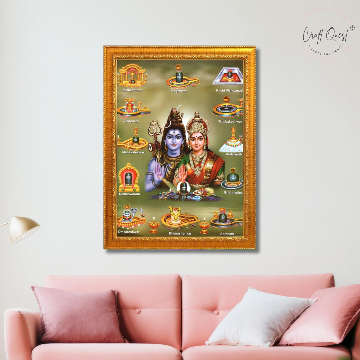 CRAFT QUEST Shiv Parvati Shiva Parvathi With 12 Jyotirling Wall Painting Photo Frame For Temple, Home Décor, Religious Painting