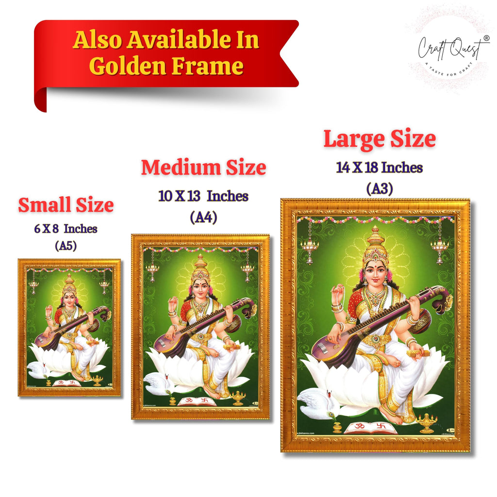 CRAFT QUEST Saraswati Devi Goddess Saraswathi Maa Wall Painting Sparkle Coated Framed Home Décor