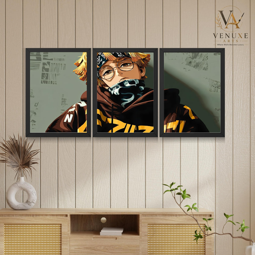 VENUXE ARTS Set Of 3 Anime Characters Wall Framed |Anime Characters Framed Poster for Living Room Bedroom Gaming Room Studio Wall Decor