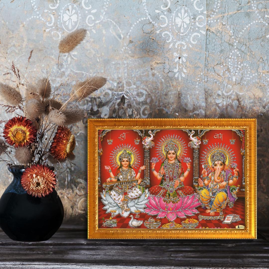 CRAFT QUEST Lakshmi Devi with ganesh ji and saraswati mata Wall Painting Frame Home Decor (Synthetic, Sparkle Finish, Golden, Small Size, 8 X 6 Inch)