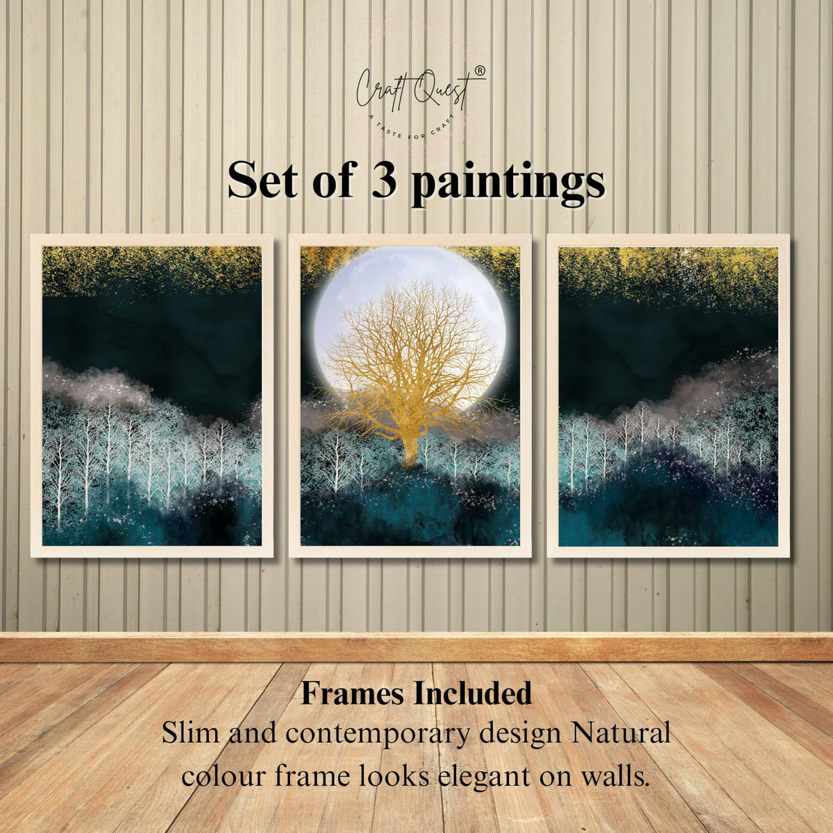 CRAFT QUEST Modern Art Christmas Trees & Mountains Landscape Wall Art | Set of 3 Frames for Home Decoration | Ideal for Living Room, Bedroom & Offices