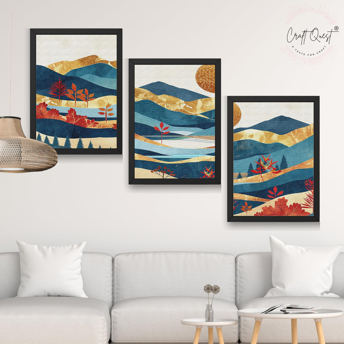 CRAFT QUEST Modern Art Pictures With Mountains & Trees Wall Art | Set of 3 Frames for Home Decoration | Ideal for Living Room, Bedroom & Offices