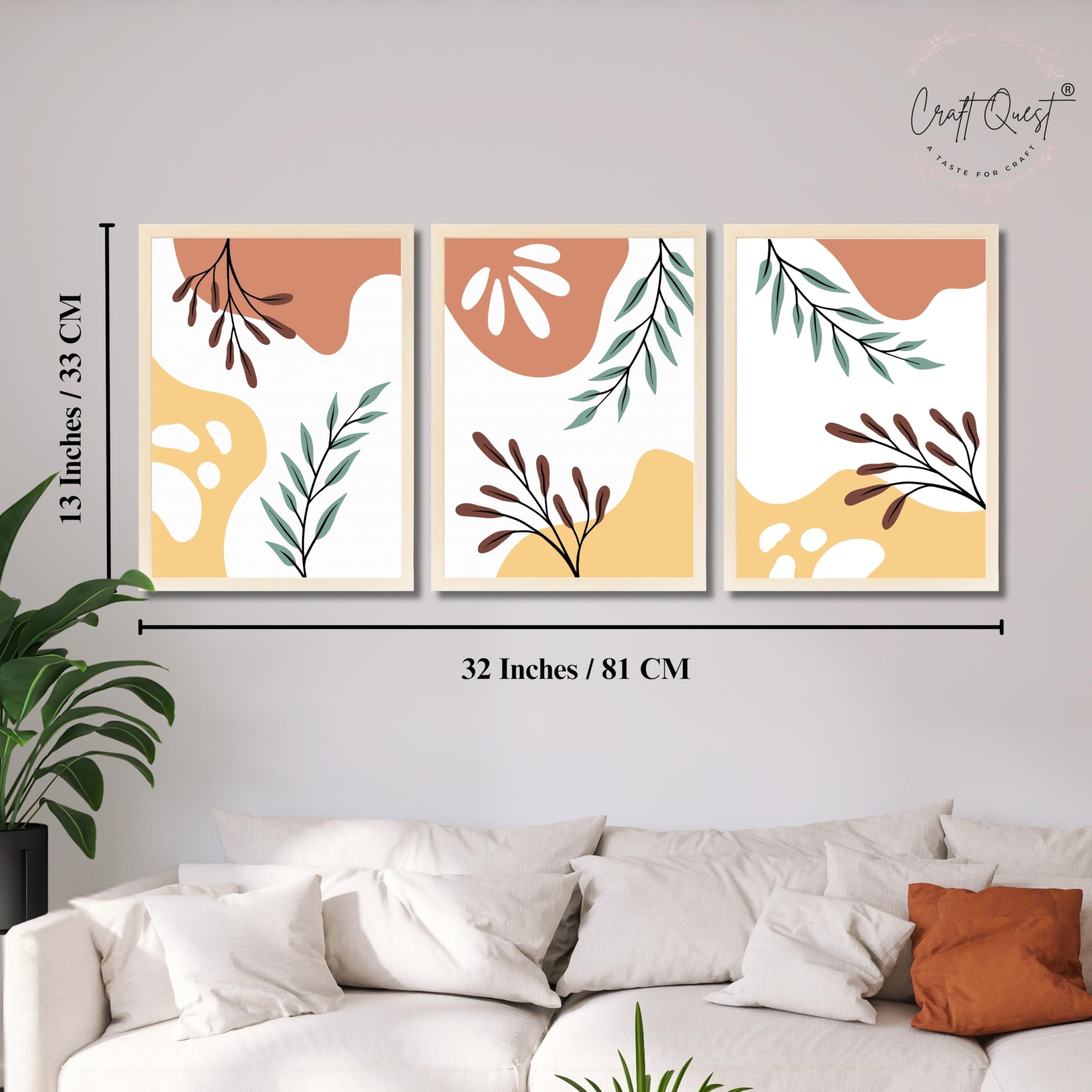 CRAFT QUEST Wall Art Decor Paintings | Set of 3 BOHO Wall Art Frames for Home Decoratio | Ideal for Living Room, Bedrooms & Offices