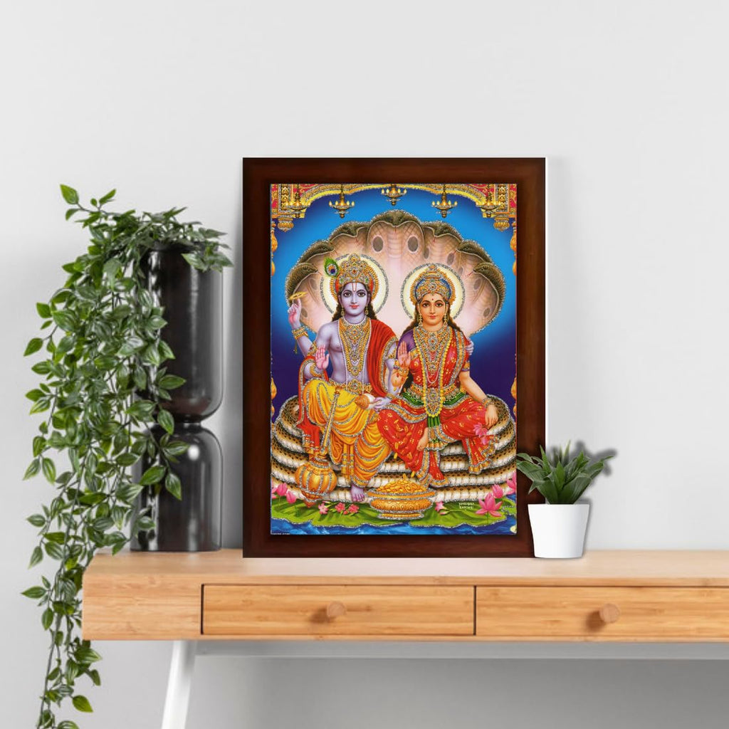 Craft Quest Lord Vishnu and Goddess Lakshmi Giving Blessing on Shesh naag, Glitter Work Painting with Plane Brown Frame (14 X 10 Inches, Brown Wood)