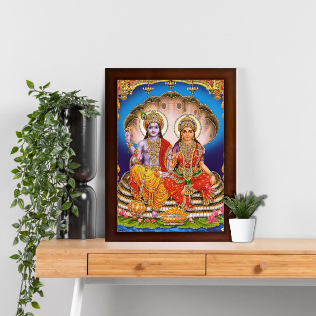 Craft Quest Lord Vishnu and Goddess Lakshmi Giving Blessing on Shesh naag, Glitter Work Painting with Plane Brown Frame (14 X 10 Inches, Brown Wood)