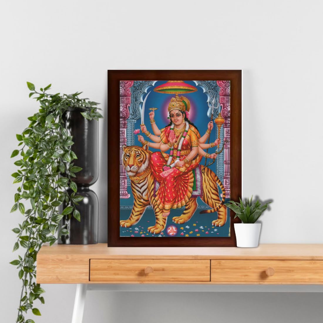 Craft Quest Durga mata photo with brown frame, God Religious Framed Painting (Large Size 14 X 10 Inches. Multicolour)