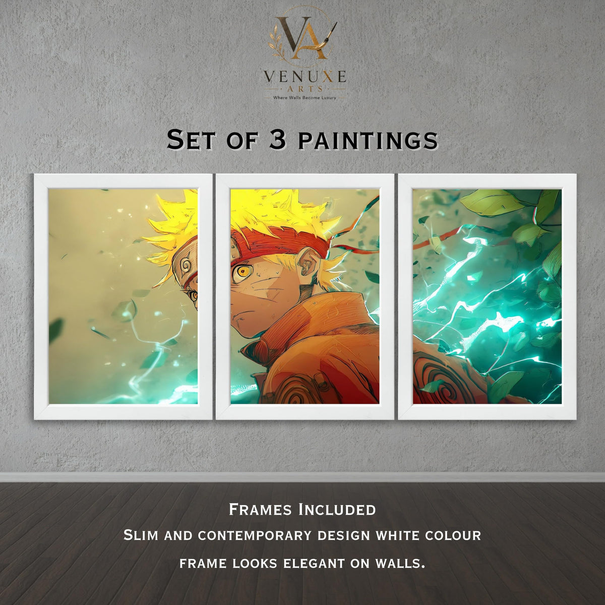 VENUXE ARTS Set Of 3 Anime Characters Wall Framed |Anime Characters Framed Poster for Living Room Bedroom Gaming Room Studio Wall Decor