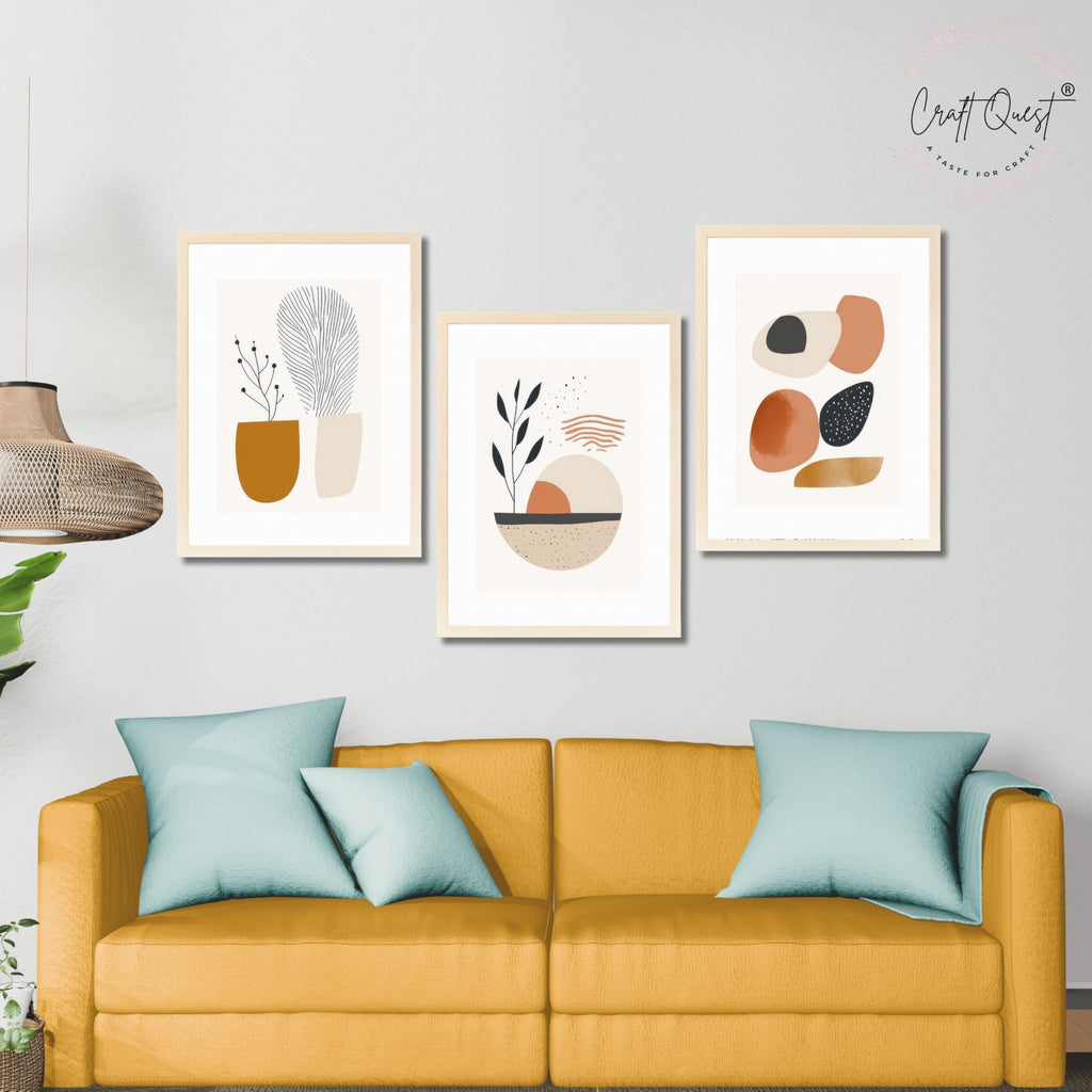 CRAFT QUEST Contemporary Organic Abstract Wall Art | Set of 3 Frames for Home Decoration | Ideal for Living Room, Bedroom & Offices