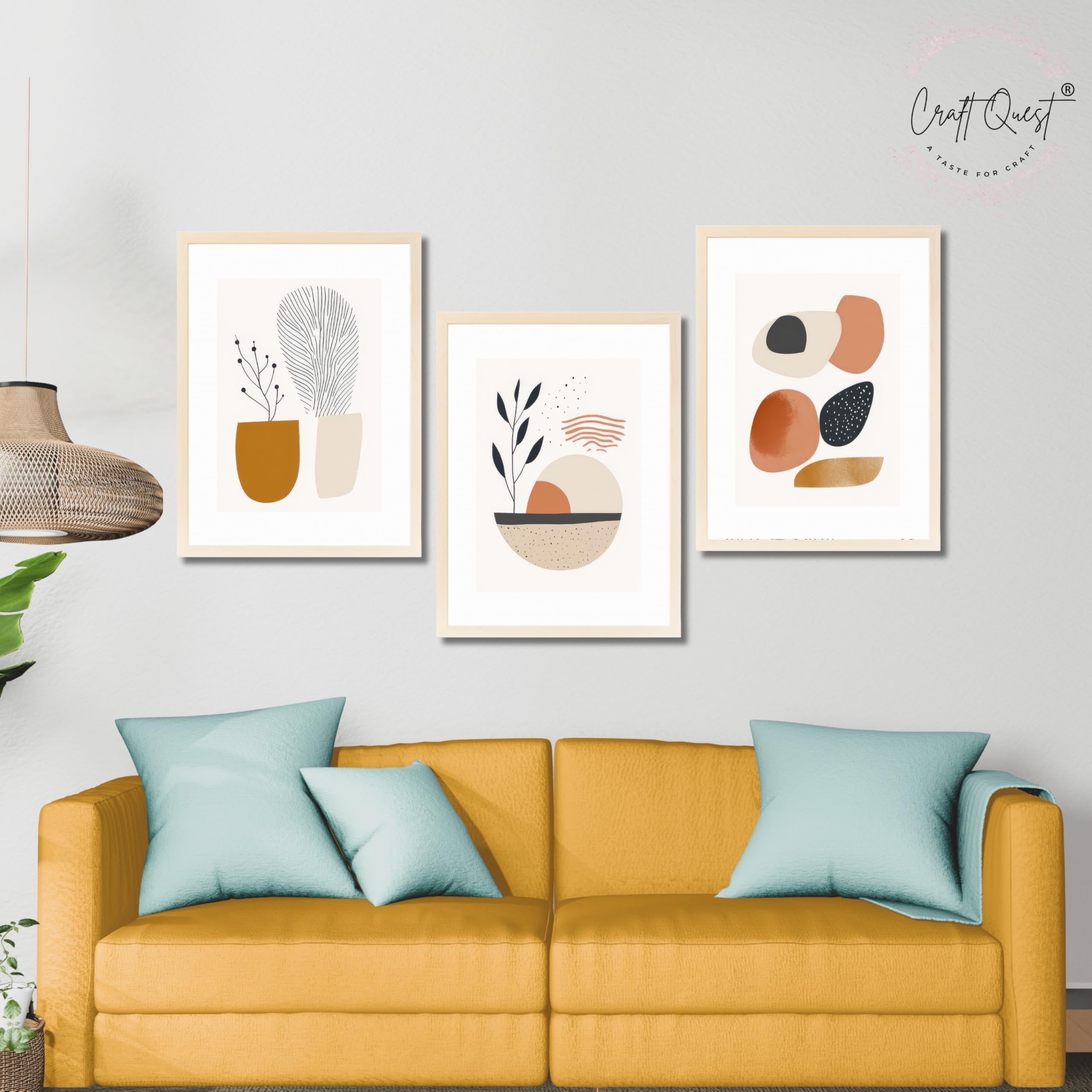 CRAFT QUEST Contemporary Organic Abstract Wall Art | Set of 3 Frames for Home Decoration | Ideal for Living Room, Bedroom & Offices