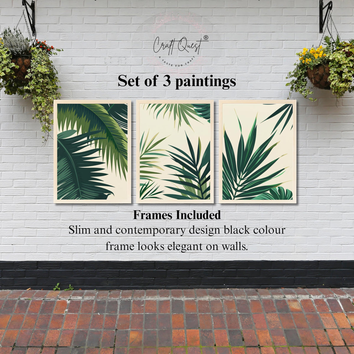 CRAFT QUEST Nature Inspired Tropical Palm Leaves Modern Wall Art | Set of 3 Frames for Home Decoration | Ideal for Living Room, Bedroom & Offices