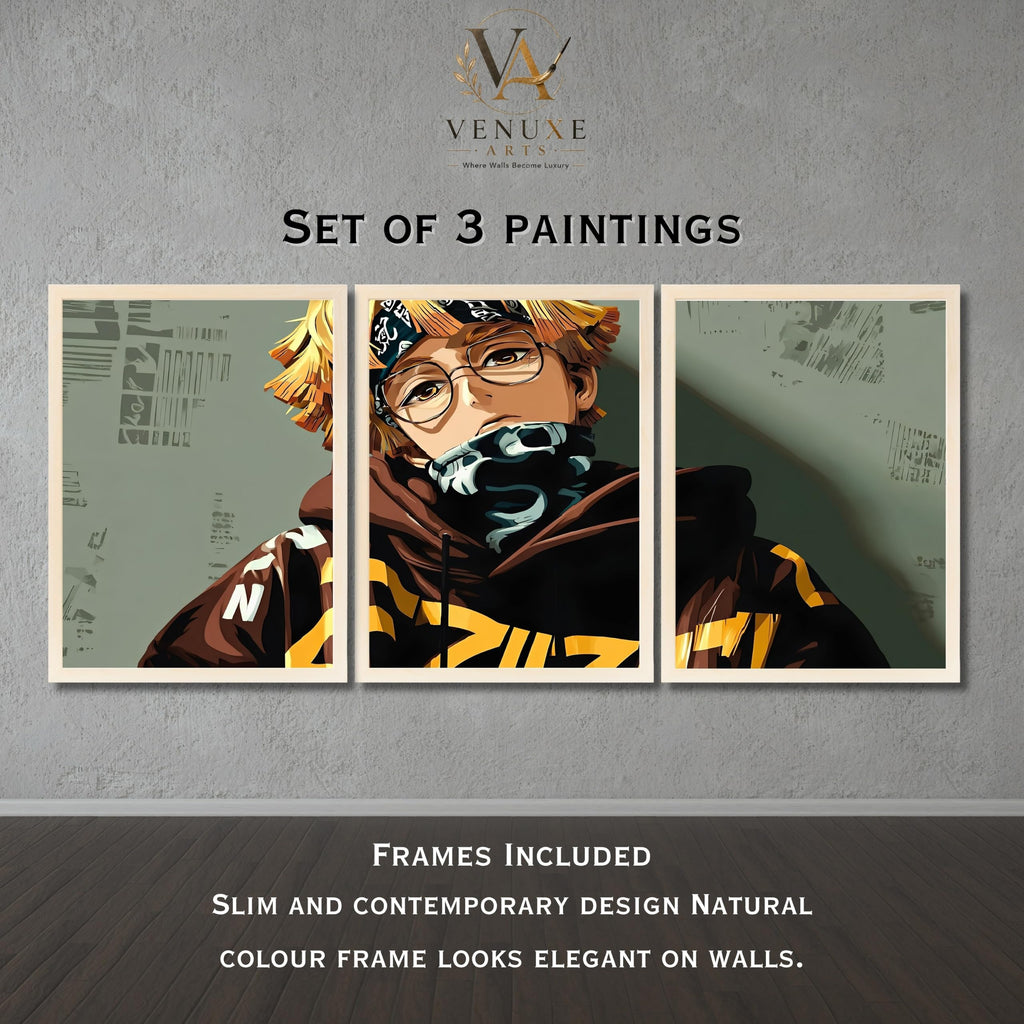 VENUXE ARTS Set Of 3 Anime Characters Wall Framed |Anime Characters Framed Poster for Living Room Bedroom Gaming Room Studio Wall Decor