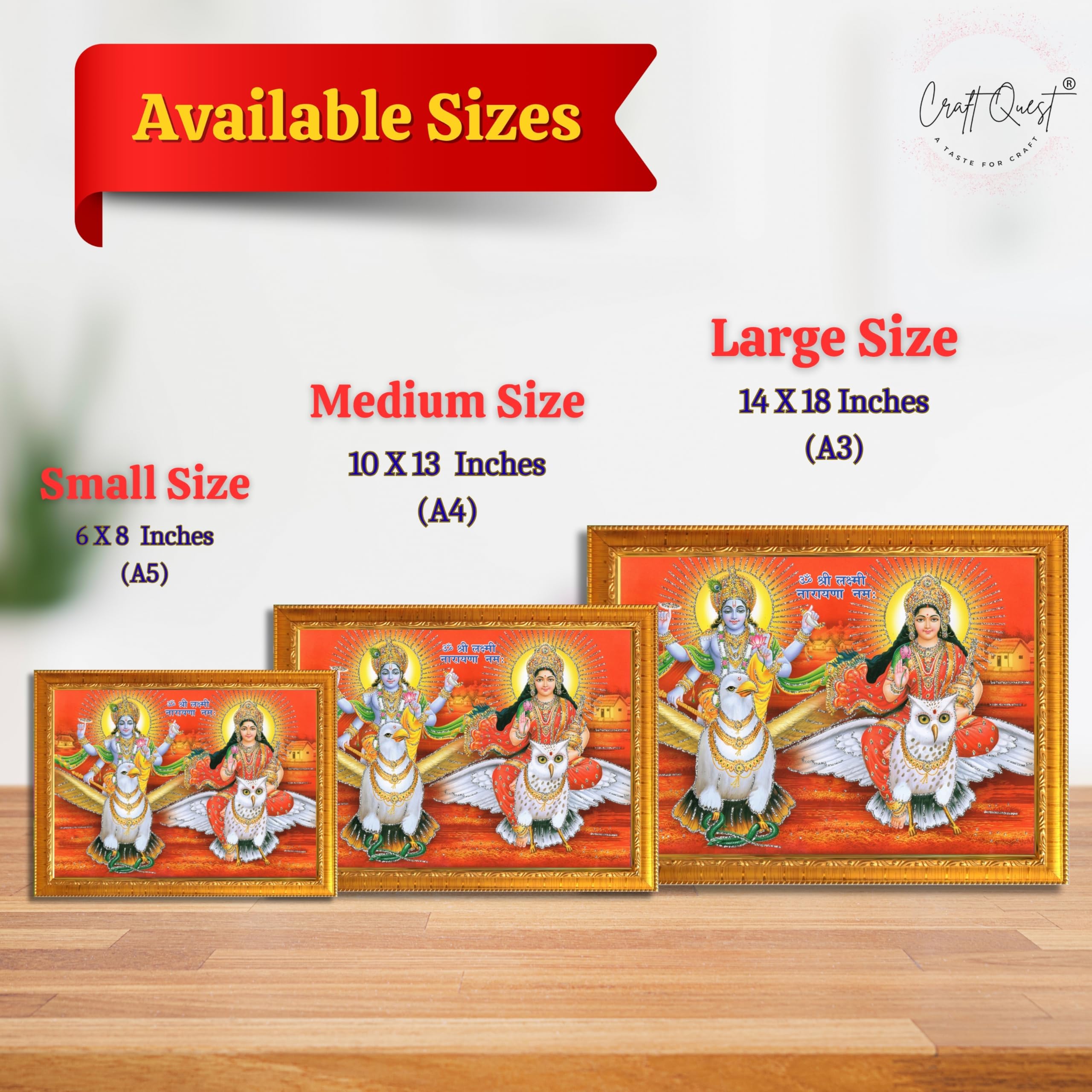 CRAFT QUEST Lord Vishnu and Goddess Lakshmi Giving Blessing on Garud Jii, Glitter Work Painting wooden frame