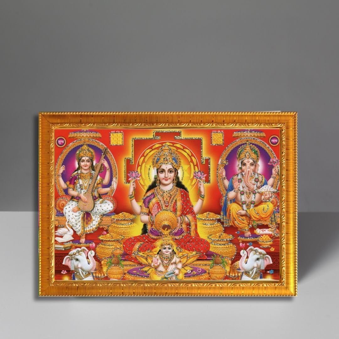 CRAFT QUEST Lakshmi Devi with Kuber Ji, Ganesh ji, Saraswati maa Wall Painting Frame Home Decor (Synthetic, Sparkle Finish, Golden, Small Size, 8 X 6 Inch)