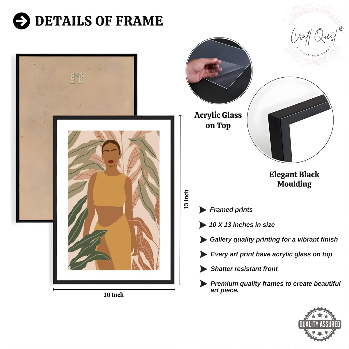 CRAFT QUEST Beautiful Abstract Of American Woman & Tropical Leaves Wall Art | Set of 3 Frames for Home Decoration | Ideal for Living Room, Bedroom & Offices