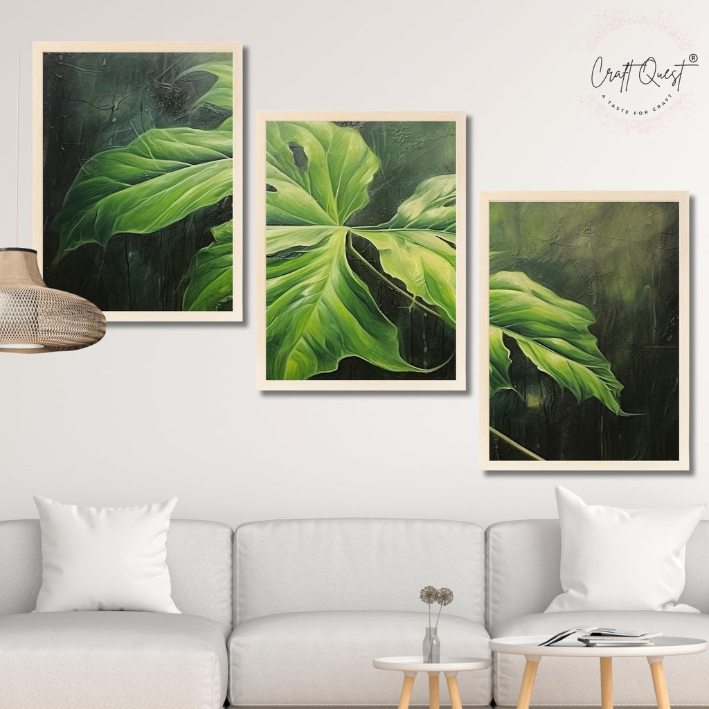 CRAFT QUEST Nature Inspired Painting Of Plant With Green Leaves Wall Art | Set of 3 Frames for Home Decoration | Ideal for Living Room, Bedroom & Offices