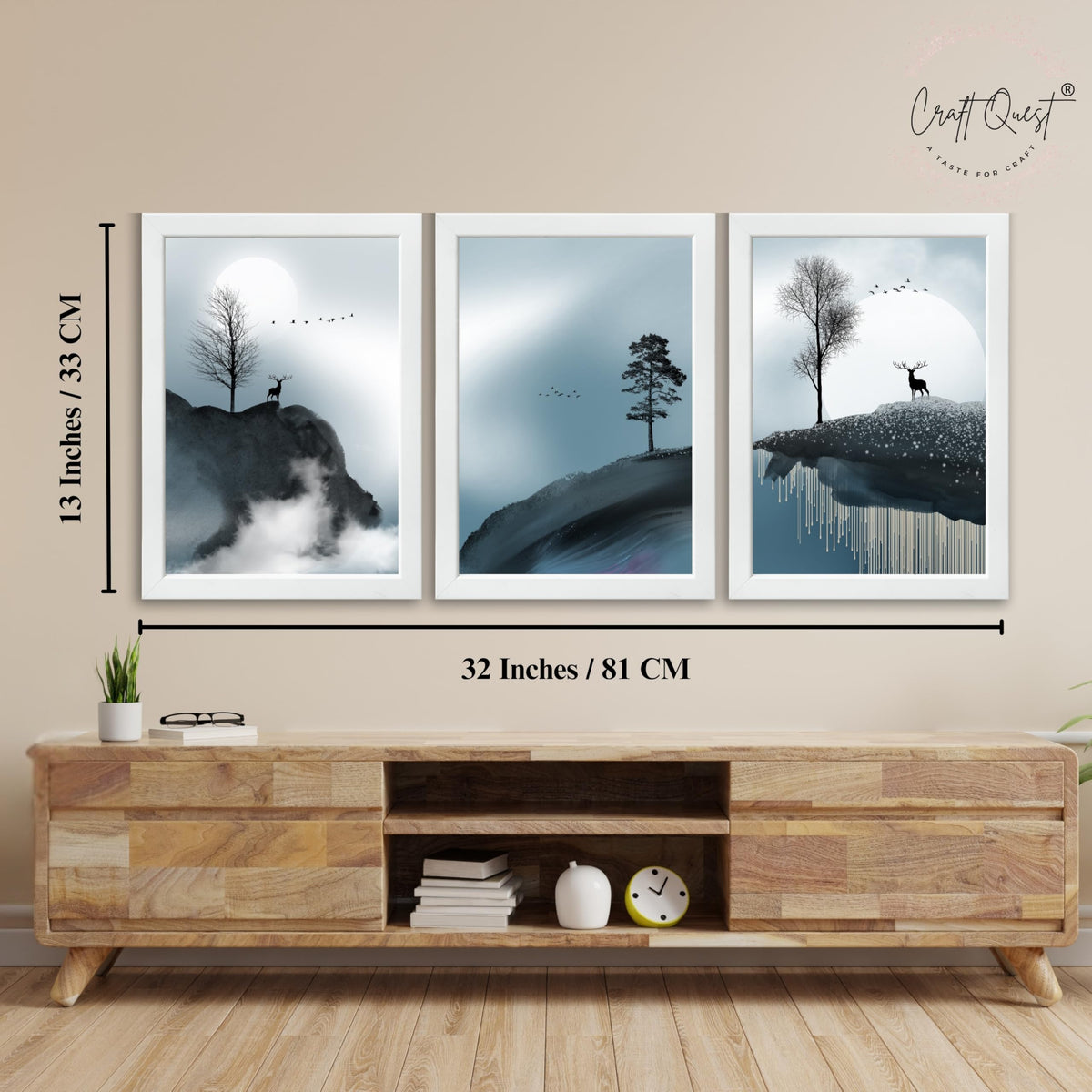 CRAFT QUEST Modern Art Geometric Ink Abstract Wall Art | Set of 3 Frames for Home Decoration | Ideal for Living Room, Bedroom & Offices