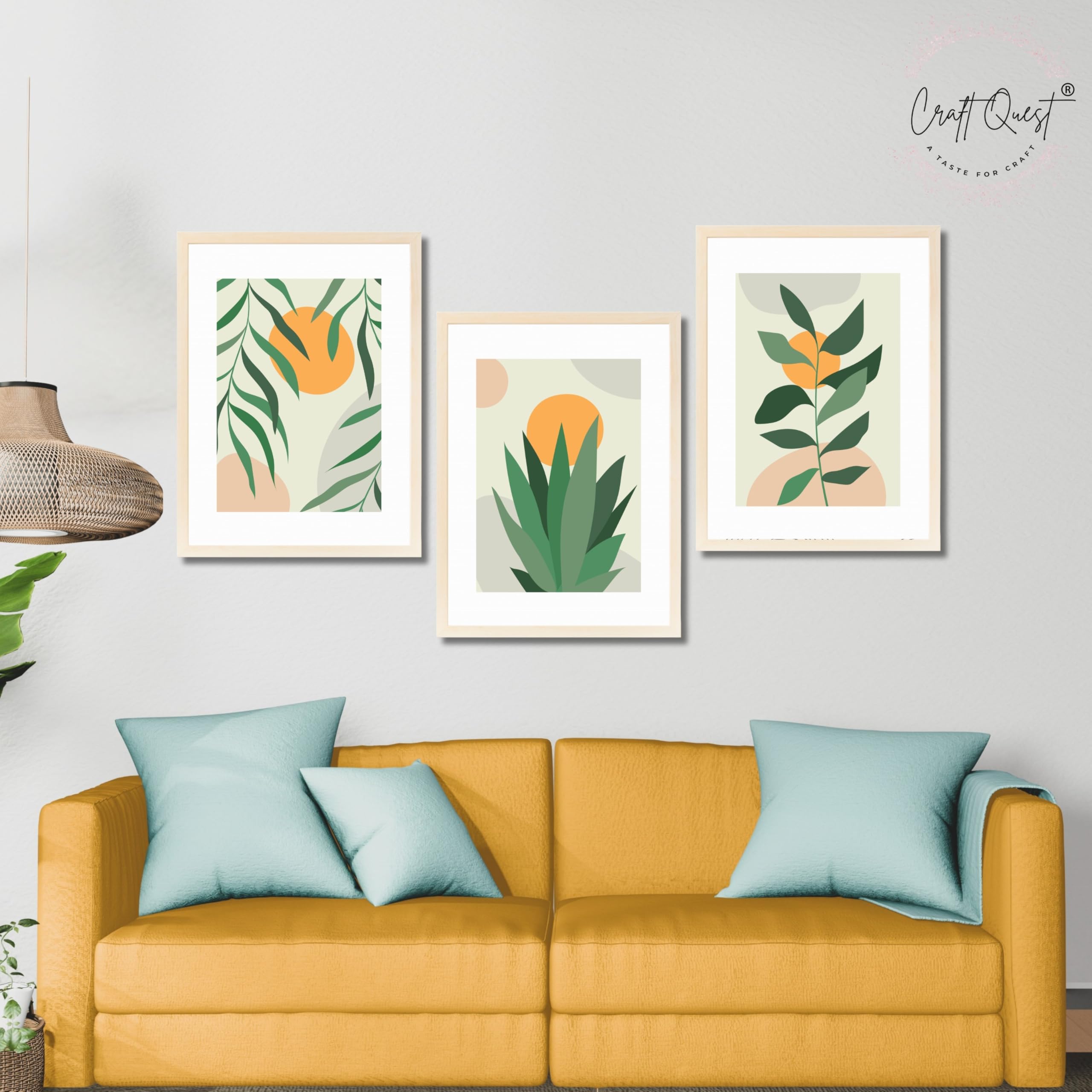CRAFT QUEST Nature Inspired Botanical Abstract Wall Art | Set of 3 Frames for Home Decoration | Ideal for Living Room, Bedroom & Office