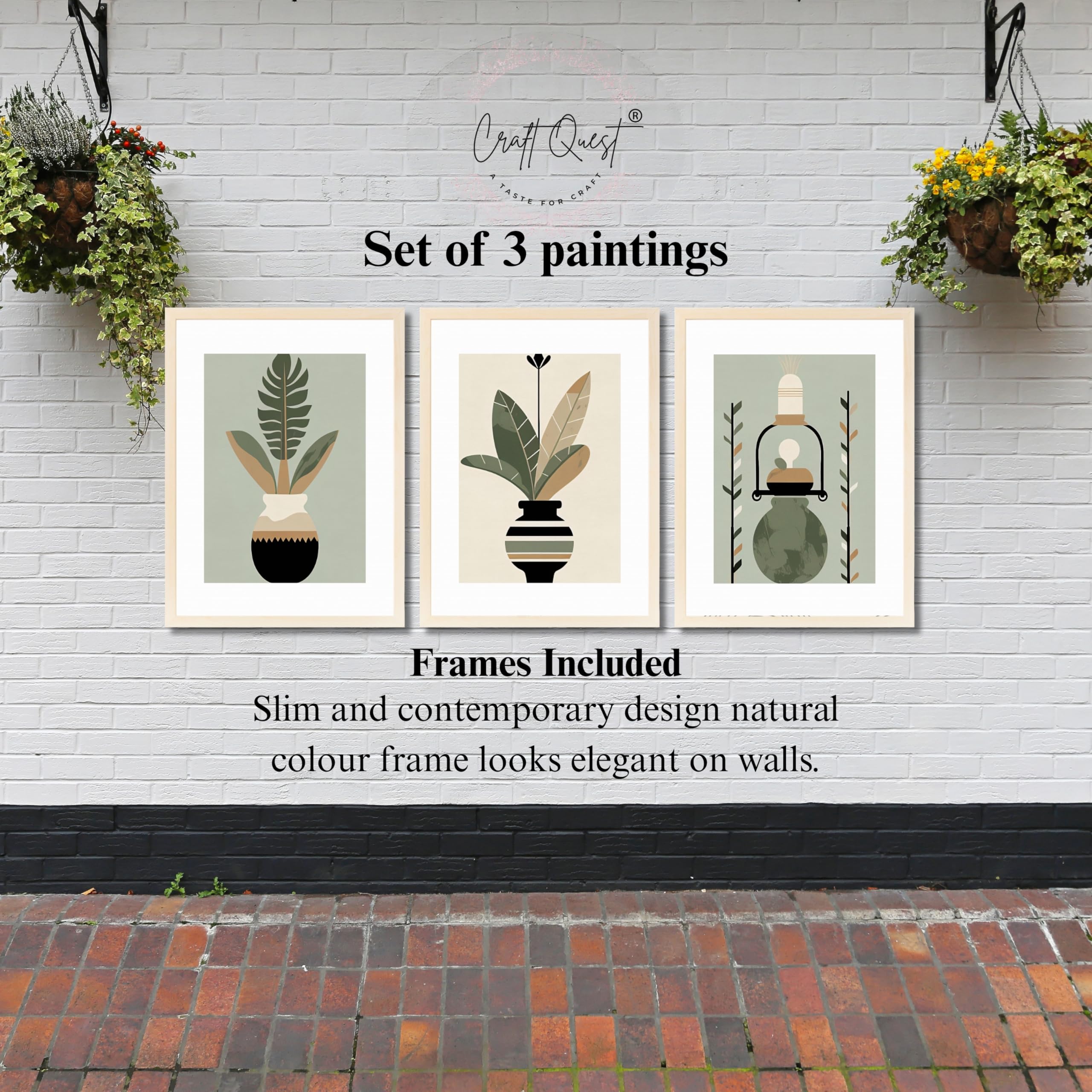 CRAFT QUEST Boho Leaves & Flowers Geometric Abstract | Set of 3 Frames for Home Decoration | Ideal for Living Room, Bedroom & Offices