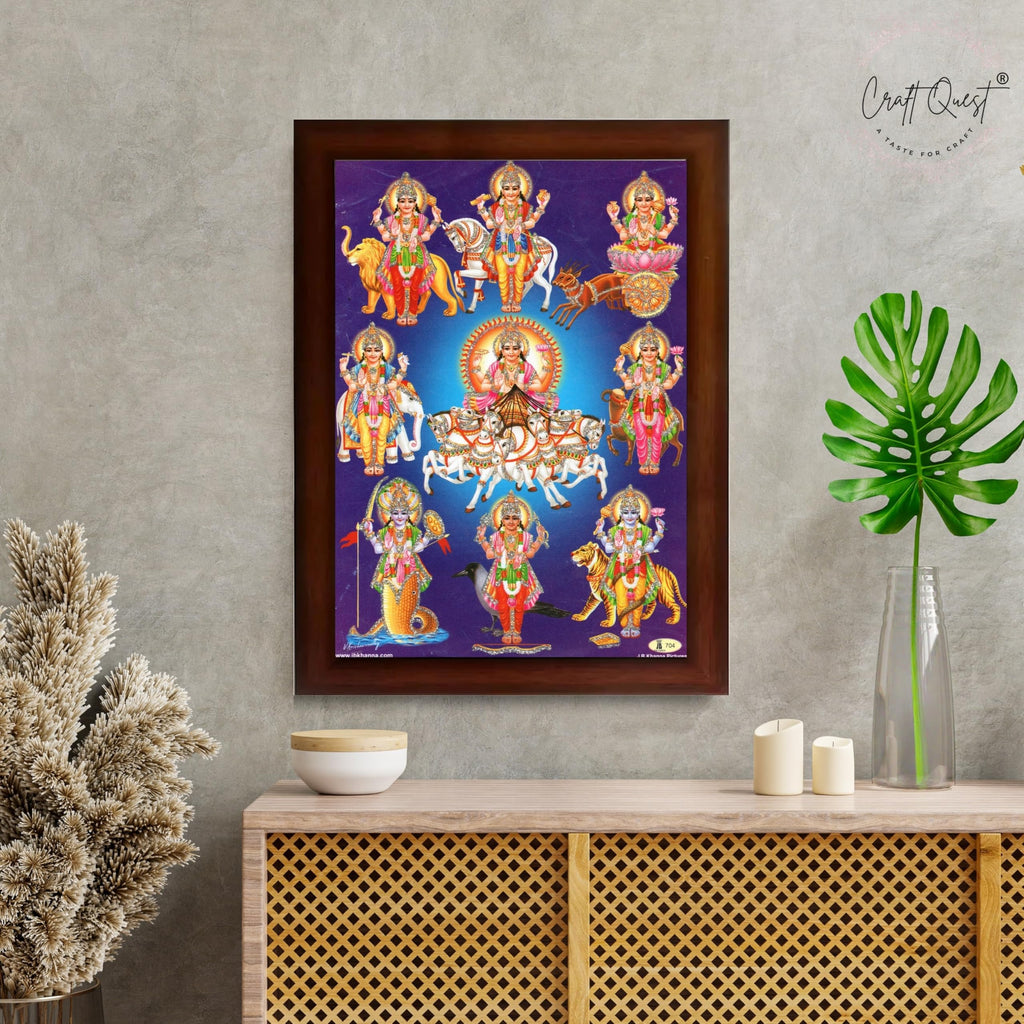 CRAFT QUEST Lord Surya Dev Bhagavan Bhagwan with 7 Horses Wall Painting | Hindu God Spiritual Framed | Ideal for Home, Office, Temple & Puja Room, Wall Decor