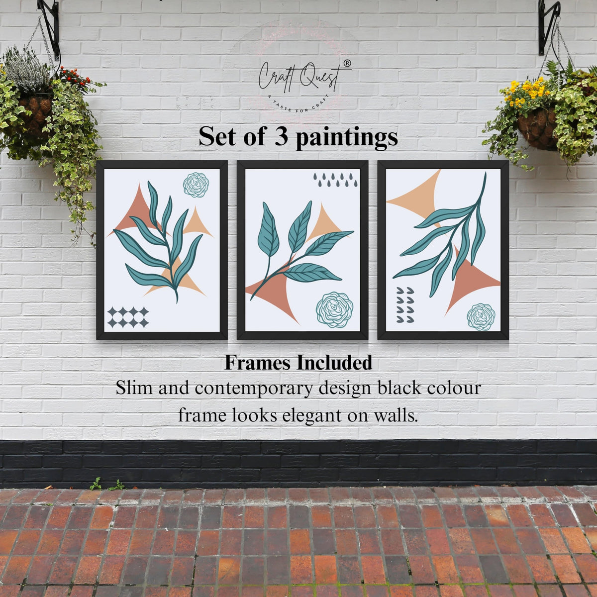 CRAFT QUEST Nature Inspired Botanical Wall Art Abstract Leaves Wall Art | Set of 3 Frames for Home Decoration | Ideal for Living Room, Bedroom & Office