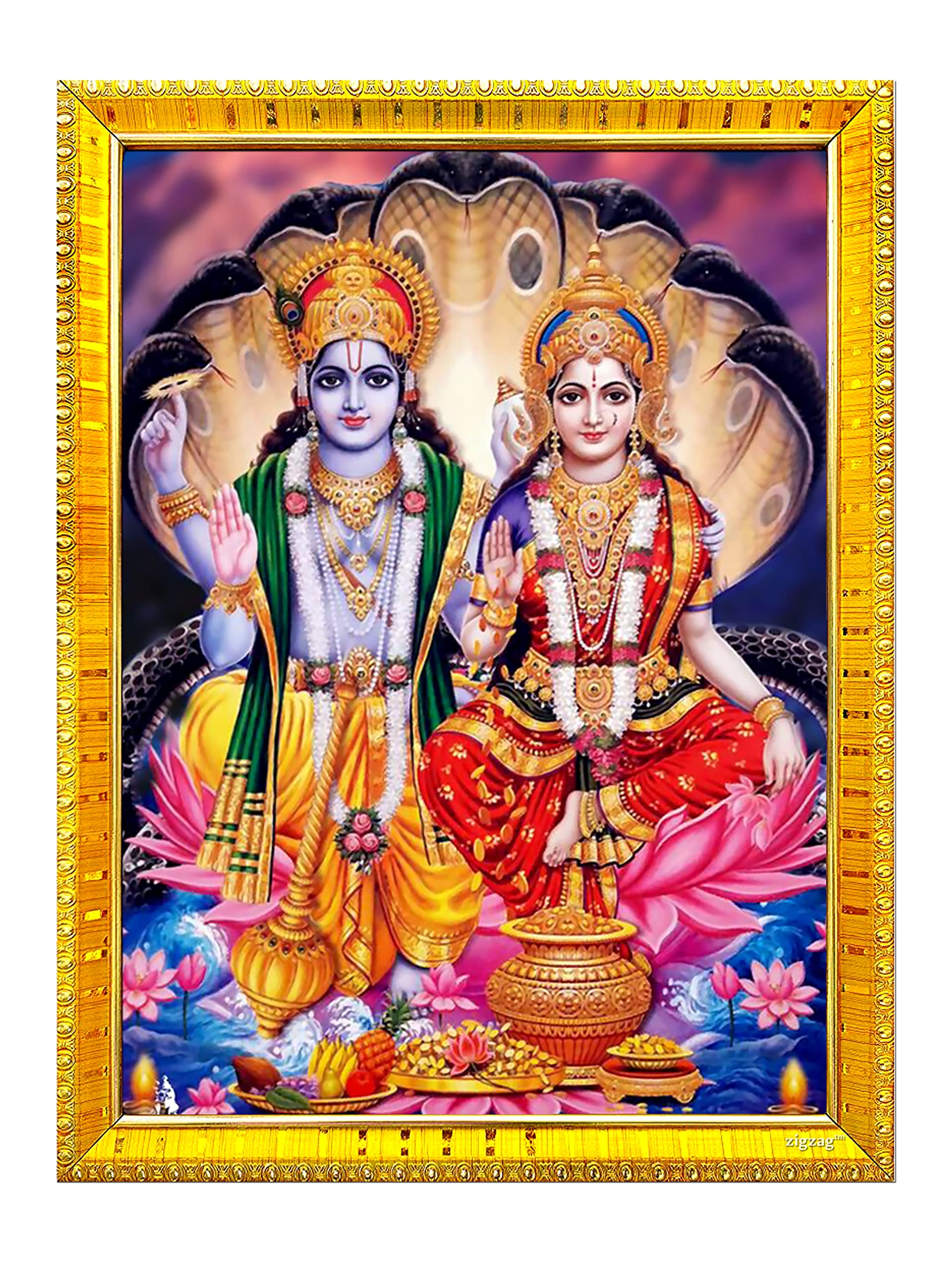 zig zag Lord Lakshmi Narayan/Lord Vishnu With Lakshmi Mata Rectangular Photo Frame For Wall/Table/Pooja Room (7x9 inches, Acrylic Glass) Golden