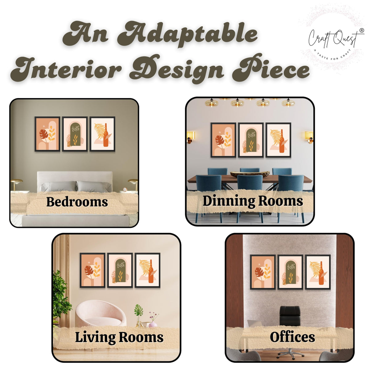 CRAFT QUEST Wall Art Decor Paintings | Set of 3 BOHO Wall Art Frames for Home Decoration | Ideal for Living Room, Offices & Bedrooms