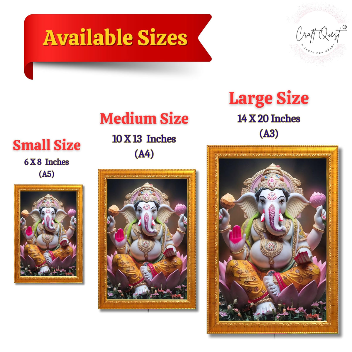 CRAFT QUEST Lord Ganesha Ganesh ji Art Framed Wall Painting With Frame For Home and Pooja,Office Décor Items