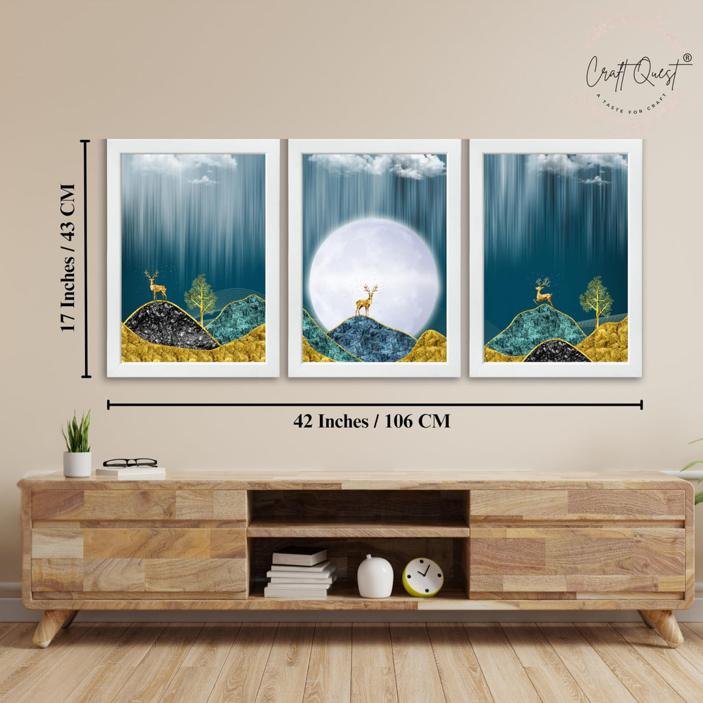 CRAFT QUEST Modern Art Landscape Of Moon & Golden Christmas Trees Wall Art | Set of 3 Frames for Home Decoration | Ideal for Living Room, Bedroom & Offices