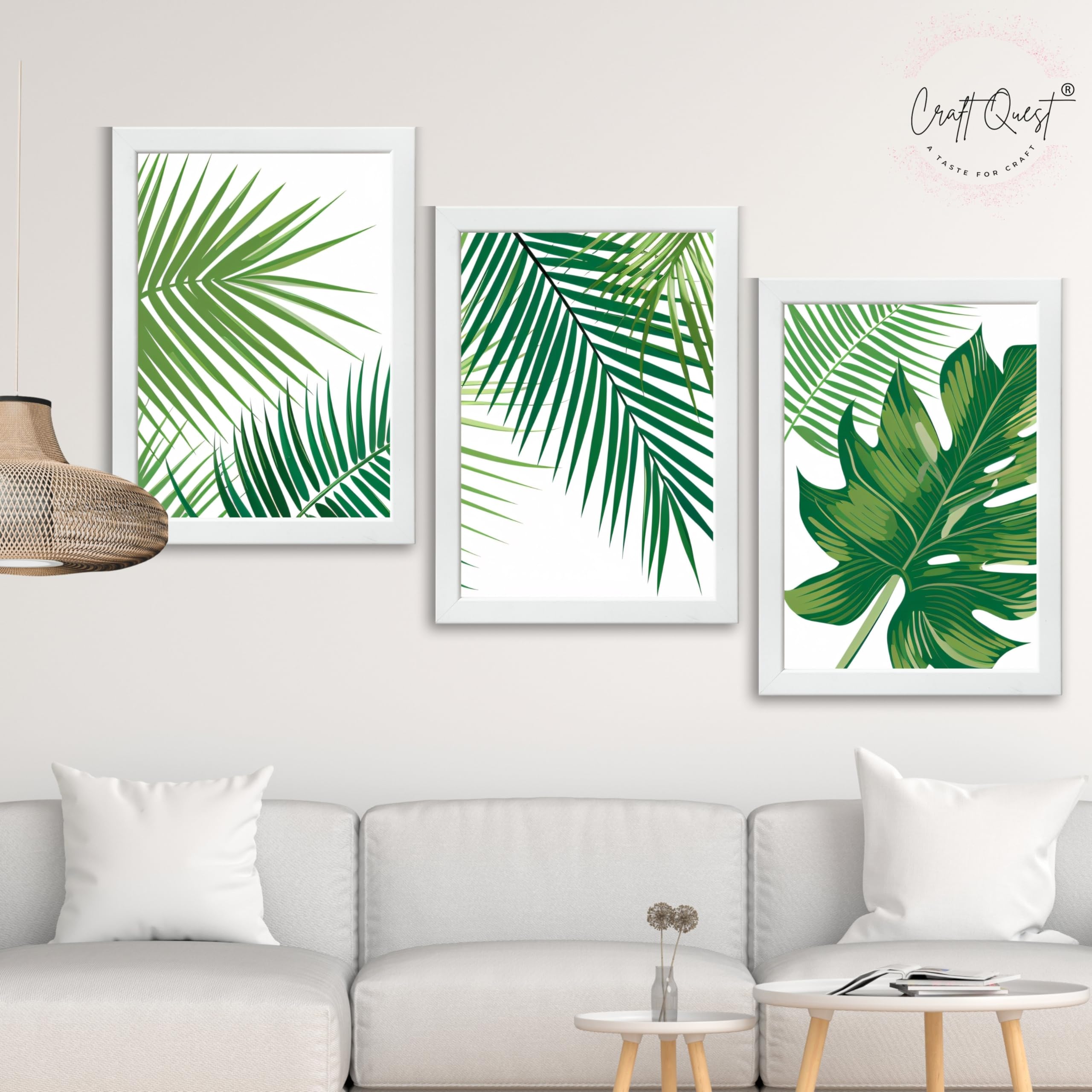 CRAFT QUEST Nature Inspired Tropical Palm Leaf Modern Wall Art | Set of 3 Frames for Home Decoration | Ideal for Living Room, Bedroom & Offices