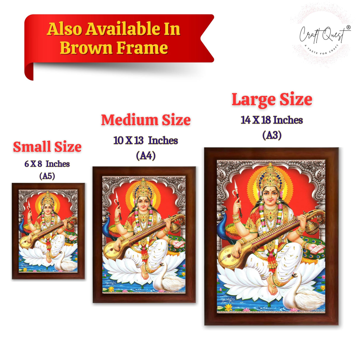 CRAFT QUEST Saraswati Devi Goddess Saraswathi Maa Wall Painting Sparkle Coated Framed Home Décor Synthetic wooden Frame