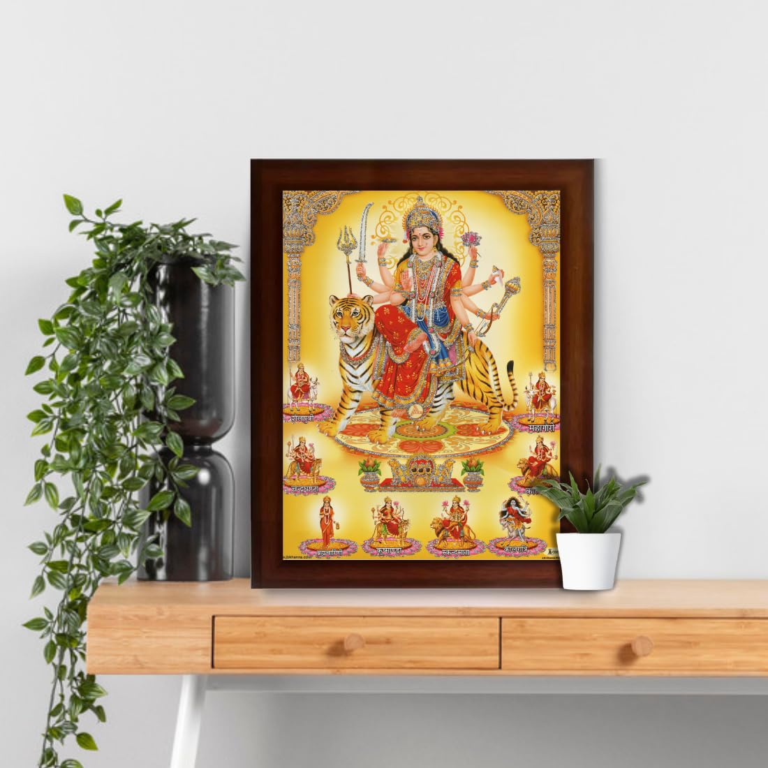 CRAFT QUEST Nav Durga mata photo with frame, Goddess Religious Framed Painting (Large Size, Brown 14 X 10 Inches. Multicolour)