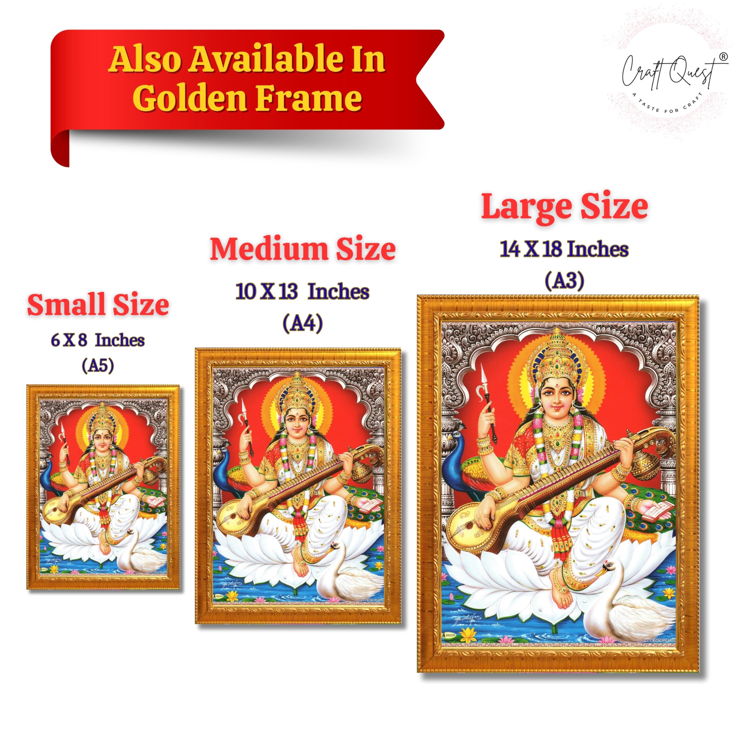 CRAFT QUEST Saraswati Devi Goddess Saraswathi Maa Wall Painting Sparkle Coated Framed Home Décor Synthetic wooden Frame