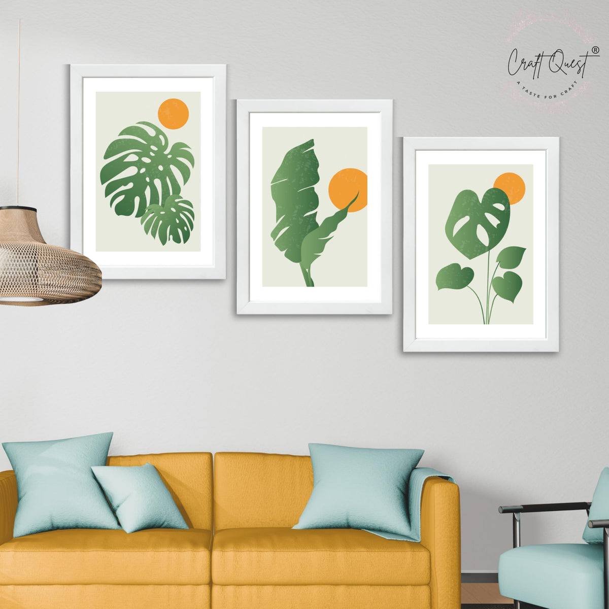 CRAFT QUEST Nature Inspired Abstract Gradient Tropical Leaf Wall Art | Set of 3 Frames for Home Decoration | Ideal for Living Room, Bedroom & Offices
