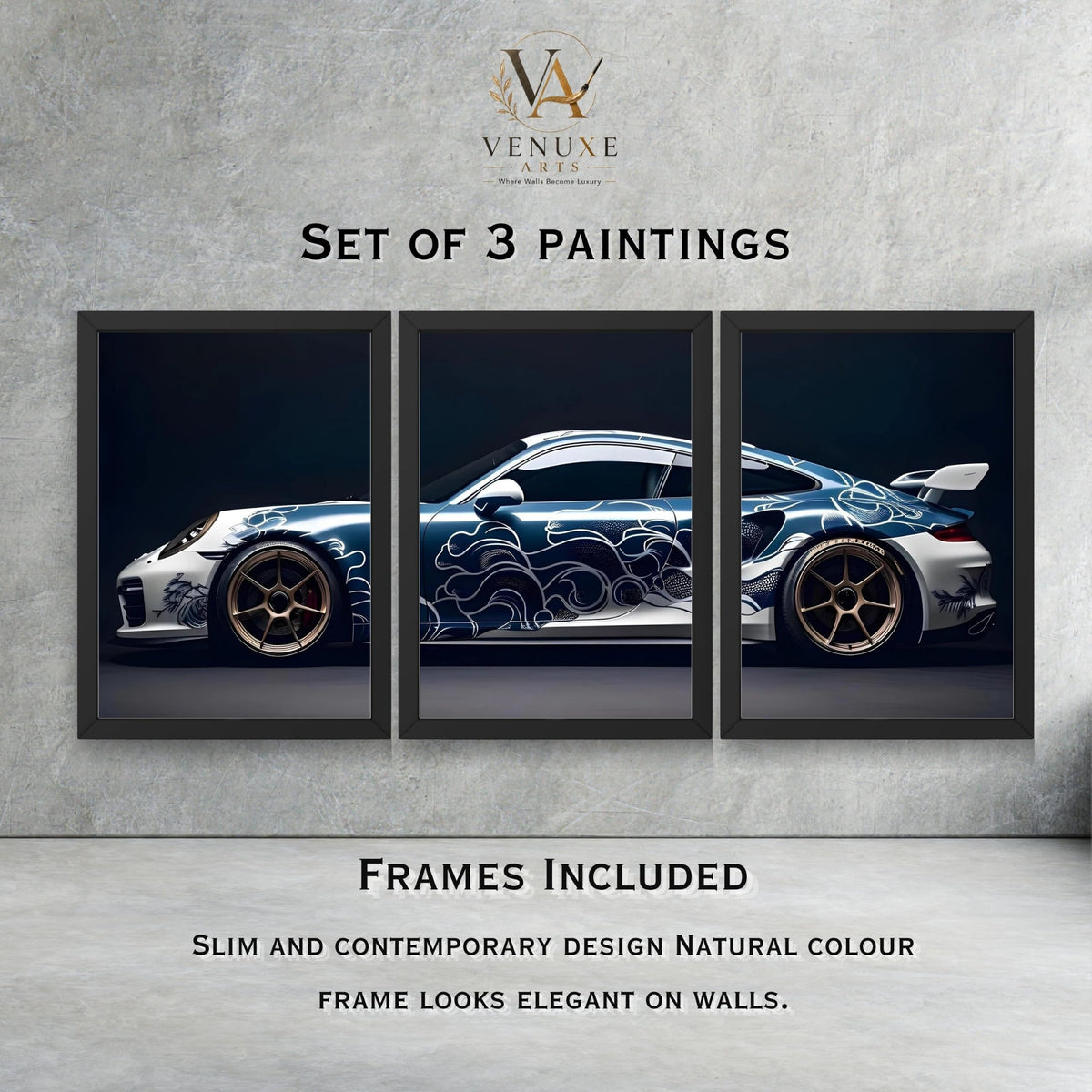 VENUXE ARTS Set Of 3 Big Sports Cars Framed Posters Gift Items for Boys Room Wall Decoration Bedroom Living Room Office Studio Décor | Car Poster Frame for Wall Décor