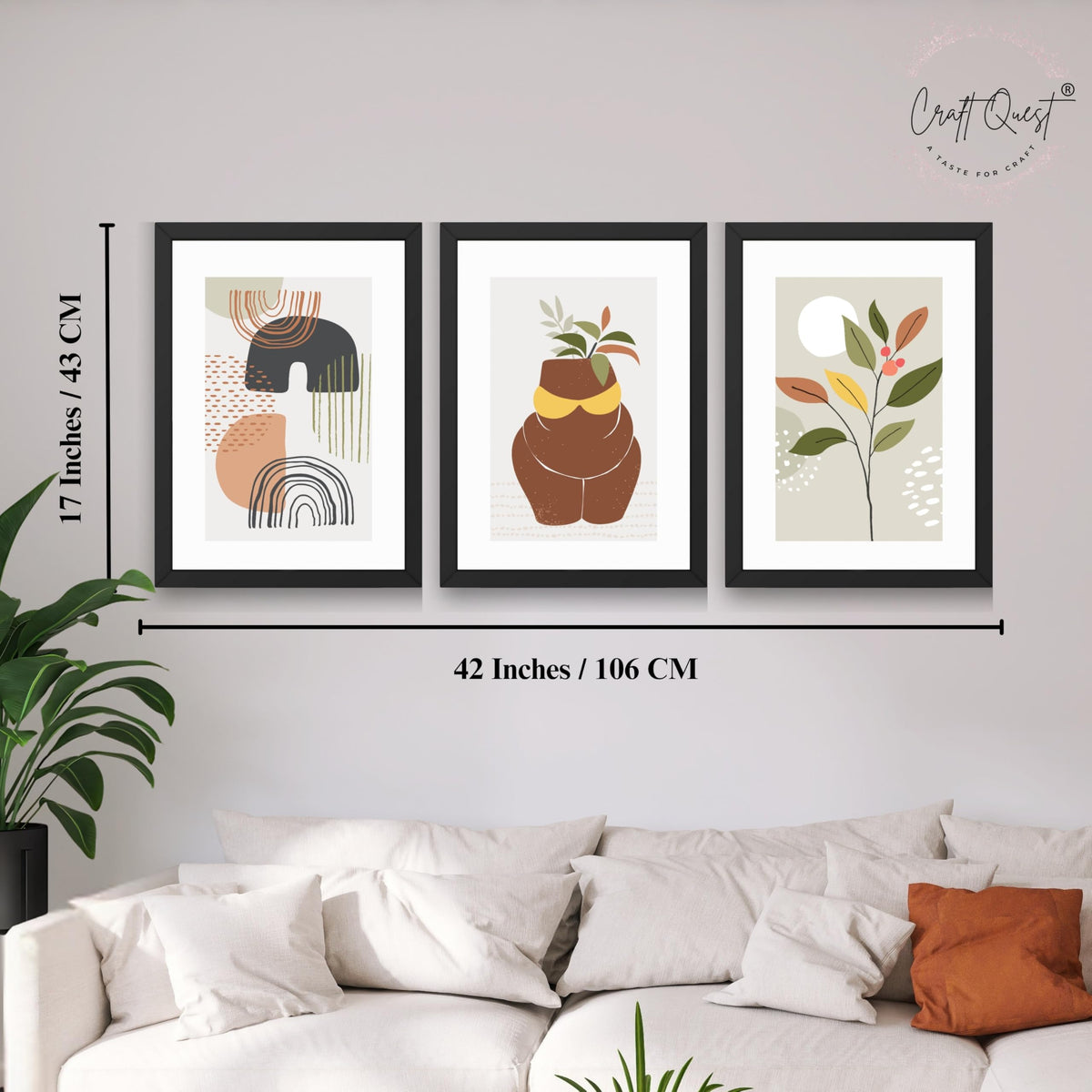 CRAFT QUEST Abstract Minimalist Art Modern Design | Set of 3 Frames for Home Decoration | Ideal for Living Room, Bedroom & Offices