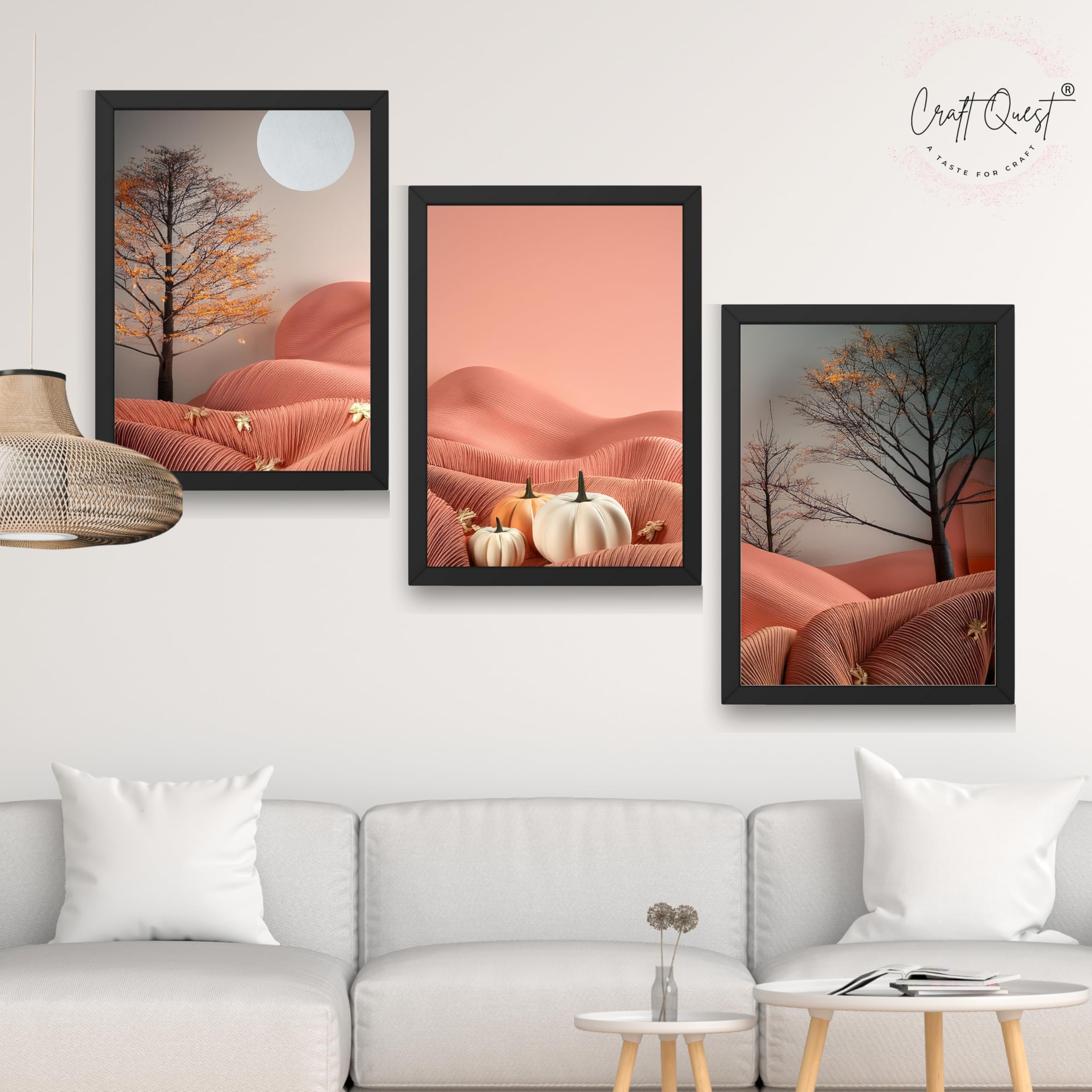 CRAFT QUEST Nature Inspired Autumn Minimalist Modern Wall Art | Set of 3 Frames for Home Decoration | Ideal for Living Room, Bedroom & Office