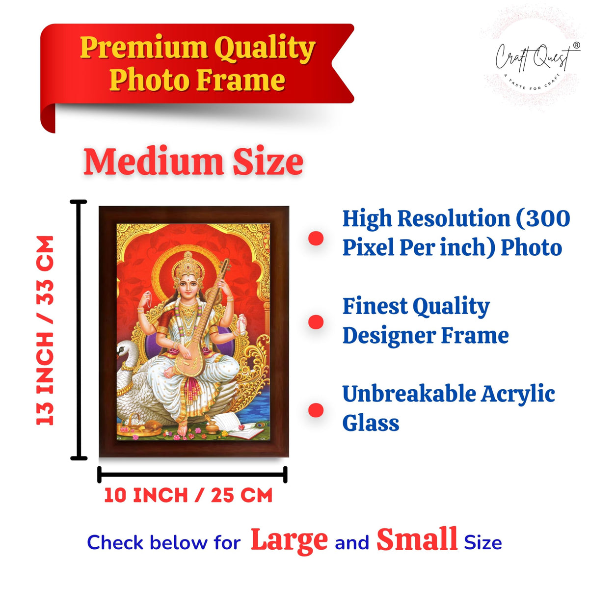 CRAFT QUEST Saraswati Devi Goddess Saraswathi Maa Wall Painting Framed For Home Décor Synthetic wood Framed