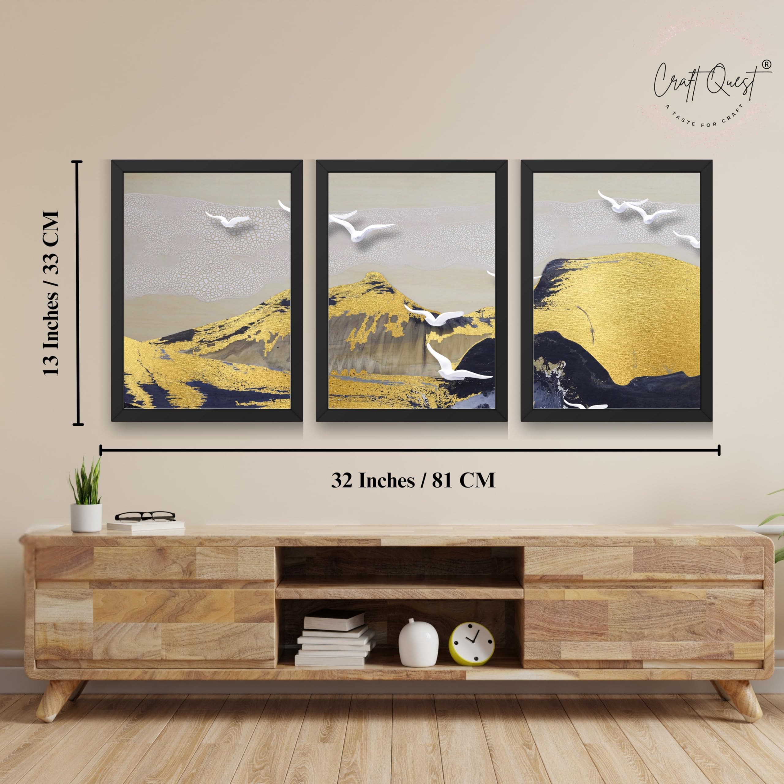 CRAFT QUEST Modern Art Abstract Porch Golden Wall Art | Set of 3 Frames for Home Decoration | Ideal for Living Room, Bedroom & Offices