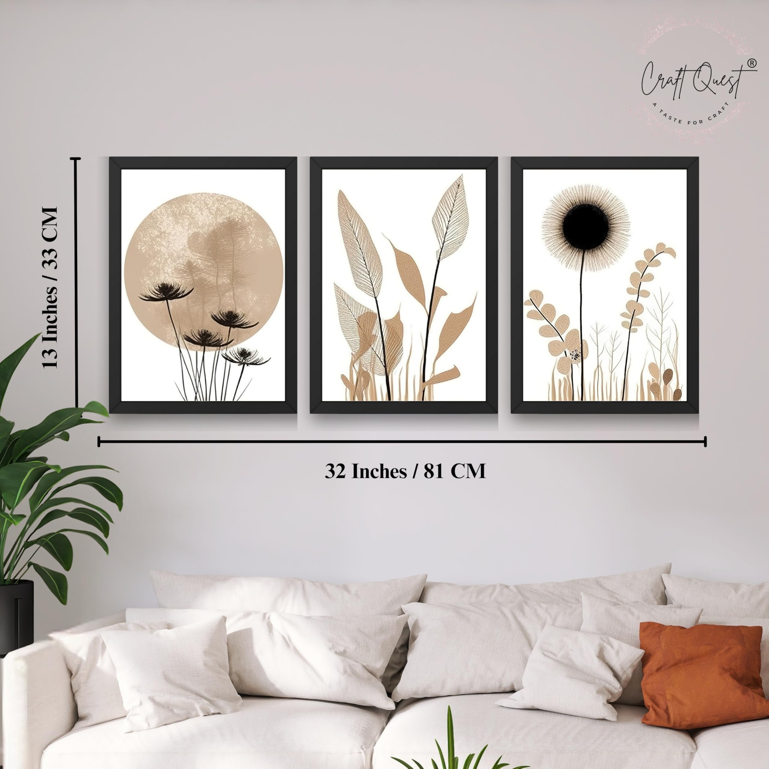 CRAFT QUEST Boho Minimalist Abstract Wall Art | Set of 3 Frames for Home Decoration | Ideal for Living Room, Bedroom & Offices