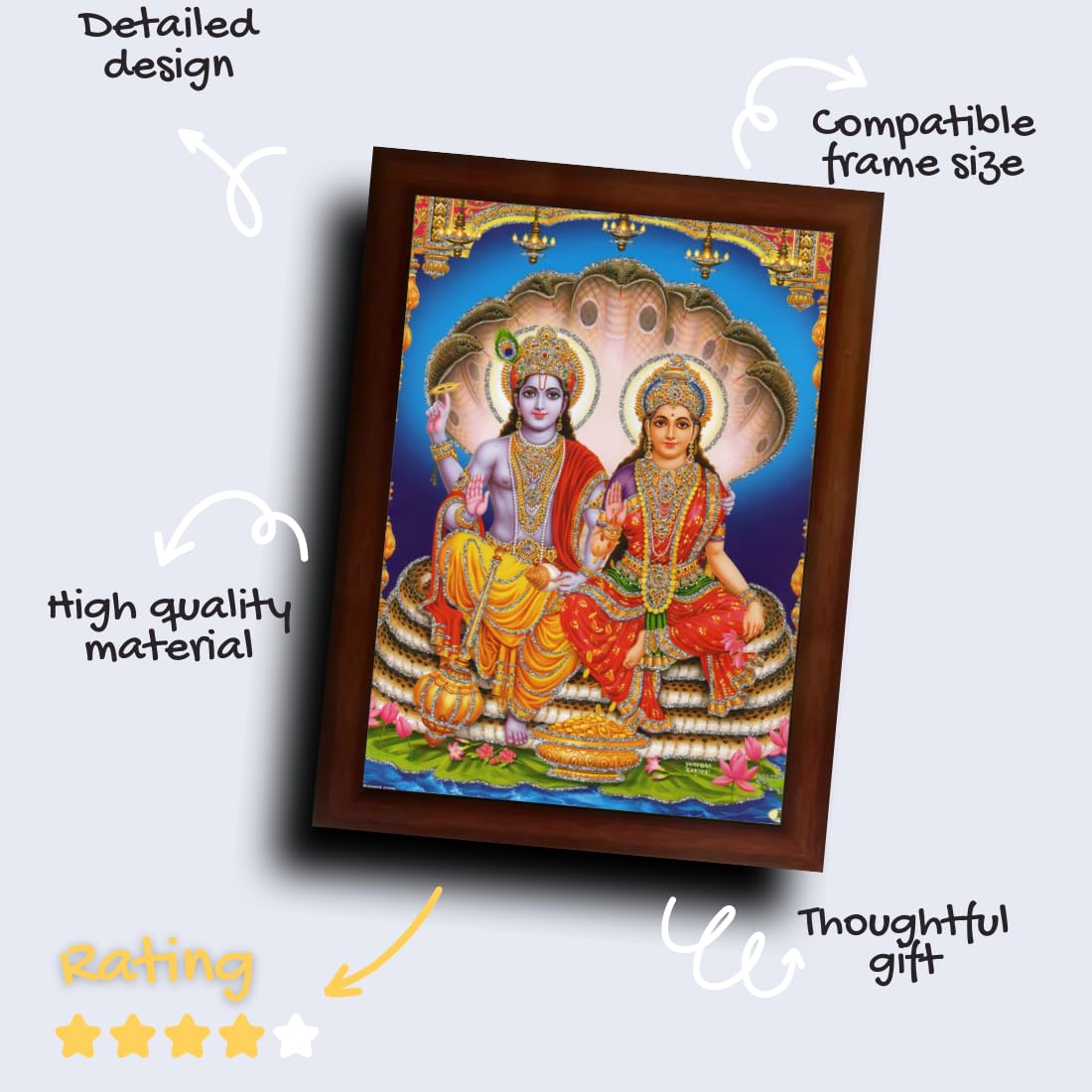 Craft Quest Lord Vishnu and Goddess Lakshmi Giving Blessing on Shesh naag, Glitter Work Painting with Plane Brown Frame (14 X 10 Inches, Brown Wood)