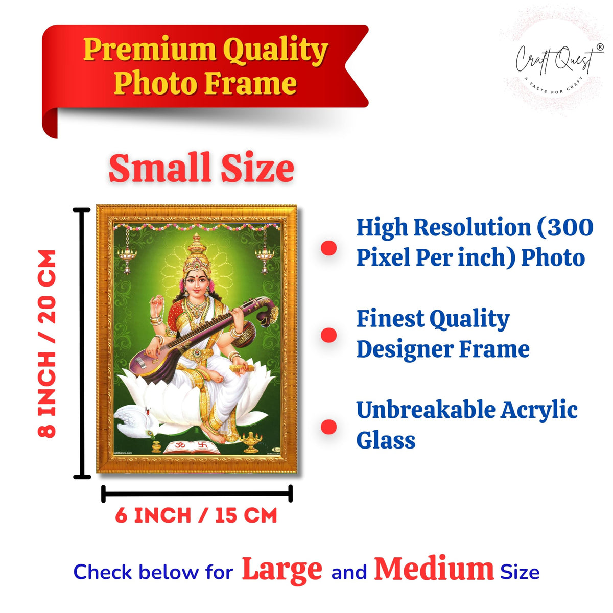 CRAFT QUEST Saraswati Devi Goddess Saraswathi Maa Wall Painting Sparkle Coated Framed Home Décor