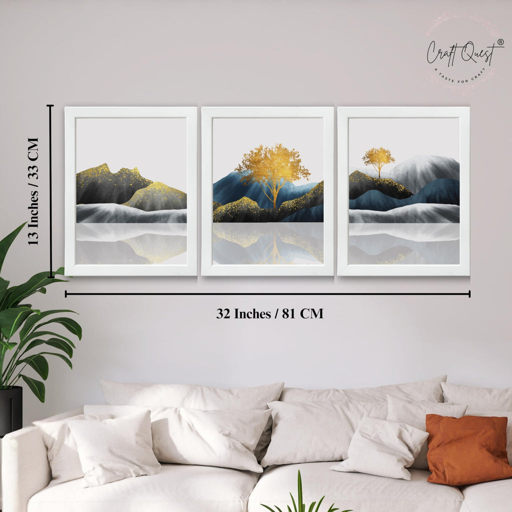 CRAFT QUEST Modern Abstract Golden Trees & Mountains | Set of 3 Frames for Home Decoration | Ideal for Living Room, Bedroom & Offices